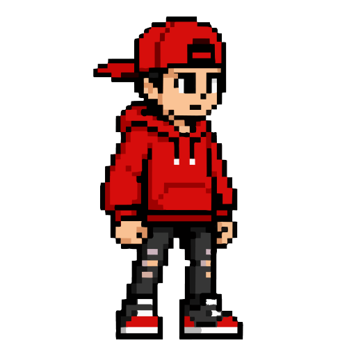 Pixel Hampus standing in a red hoodie and backwards cap